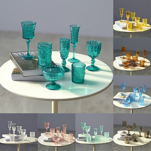 7 stk. 1:6 Dukkehus Miniature Vandglas Vinglas Champagne Gla Blå One Size Blue