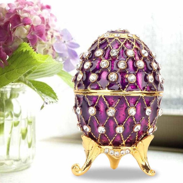 Emalje Faberge påskeæg smykkeskrin, vintage russisk stil emalje Organizer Ornament Emballage Unik gave (lilla)