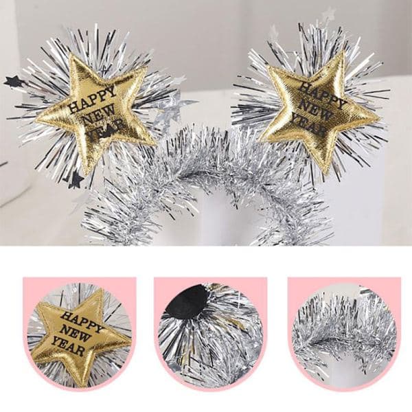 2 stk Godt Nyttår Hatt Hodebånd Gull Sølv Folie Glitter Stjerne