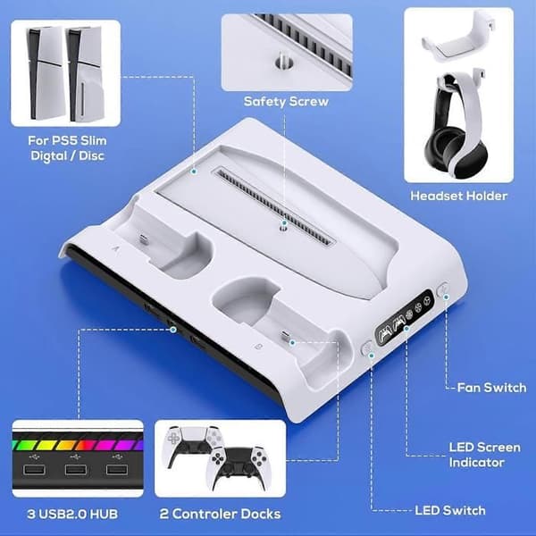 PS5 Slim kylställ med laddstation för DualSense/Edge-handkontroll
