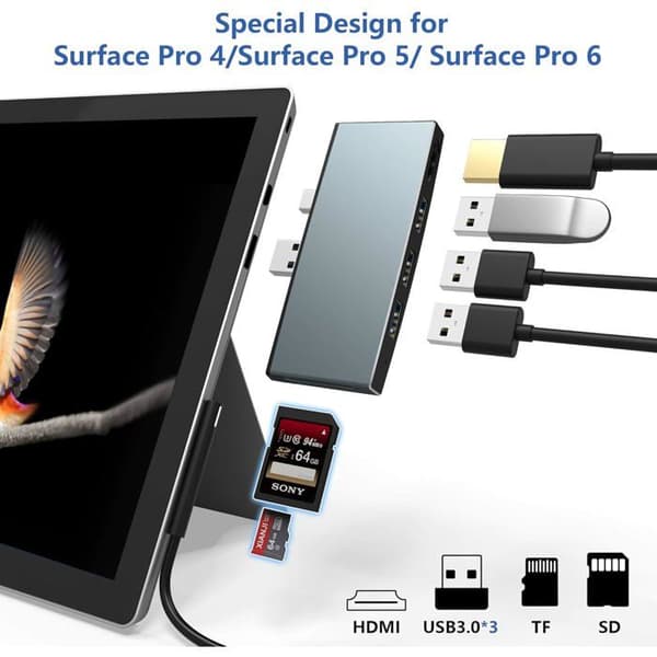 Dokkingstasjon for Surface Pro 4/Pro 5/Pro 6 med 4K HDMI-port + 3 USB 3.0-porter + SD/TF (Micro SD) kortleseradapter