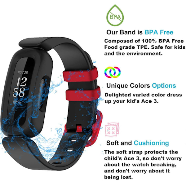 Rannekkeet Fitbit Ace 3 -lapsille, silikoniset vedenpitävät rannekorutarvikkeet, urheilukellon rannekkeen vaihto Fitbit Ace 3 -pojille ja -tytöille Grape Fitbit Ace 3
