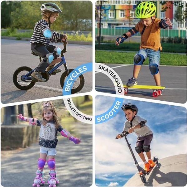 Knæ- og albuepuder til børn/teenagere 3-9 år (Sort, 6-delt sæt), Velegnet til rulleskøjteløb, cykling, inline skating, scooterkørsel
