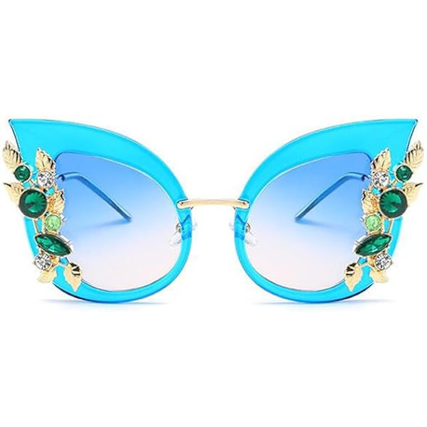 Kattöga solglasögon för kvinnor, snygg överdimensionerad båge, glasögon med strass Blue