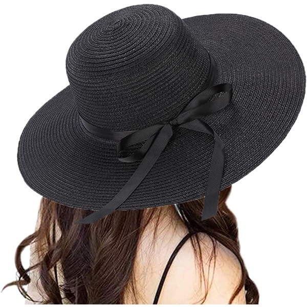 Dame stråhatt sommersløyfe sammenleggbare hatter solhatt (svart)
