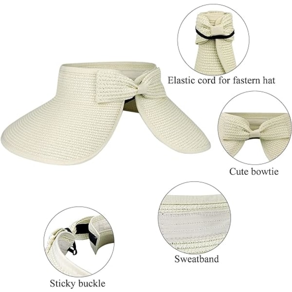 Kvinde Bredskygget Solhat af Halm Sammenfoldelig Hat Ponytail Strandhat med Opbevaringspose Sommer Sort Hvid Beige (2 Pak)