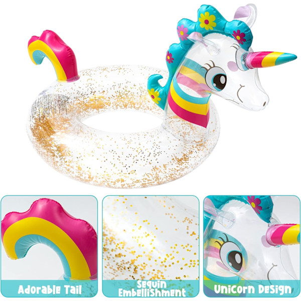Unicorn Float Oppblåsbar Bassengring med Glitrende Svømme Sete Båt Svømmebasseng Oppblåsbare Leker Bassengfest Sommerleker