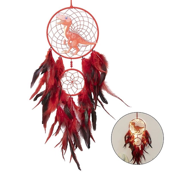 Dinosaur Drømmefanger Ornament Barn Faux LED Lys Fjær Drømmefanger Håndlaget Hjem Decor Fødselsdag Red With Light