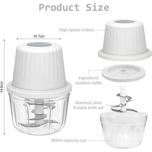 Mini elektrisk matberedare, 400 ml mixer, 6 rostfria blad, USB-uppladdningsbar lökhackare, liten multihackare