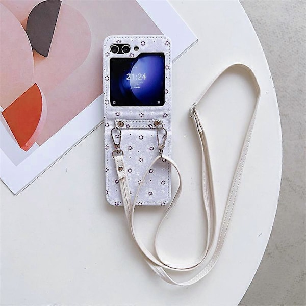 Til Samsung Galaxy Z Flip 6 etui, justerbar skrå rem etui, stilfuldt lille blomster telefon etui, foldbart etui purple