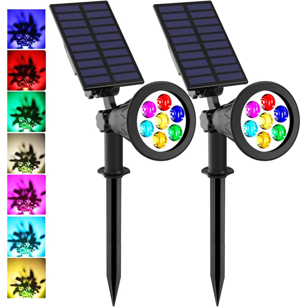 LED Solar Spotlights, 7 LED Fargeskiftende Hage, Sikkerhetsbelysning, Stilys, for Patio, Plen, Tre, Hage, Hage (2Pack)