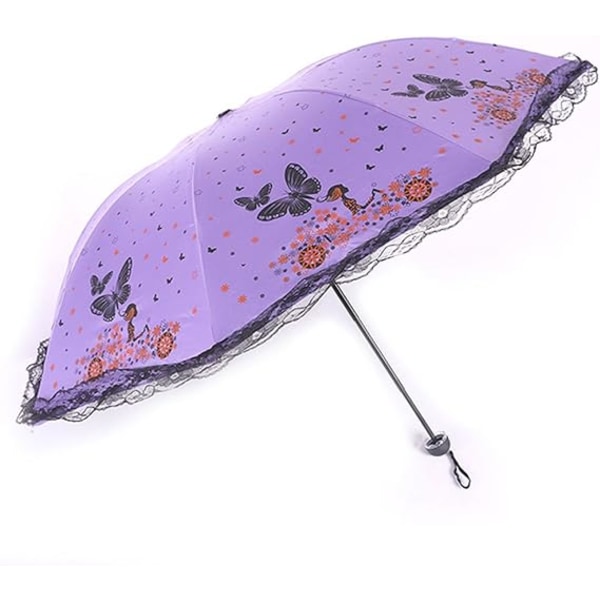 Sun Paraply UV Parasoll Liten Lett Butterfly Blonde Sammenleggbare Paraplyer 210T Parasoller Vanntett Butterfly purple