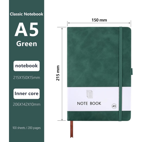 A5 anteckningsbok, PU-läder, 200 sidor (100 ark)-grön