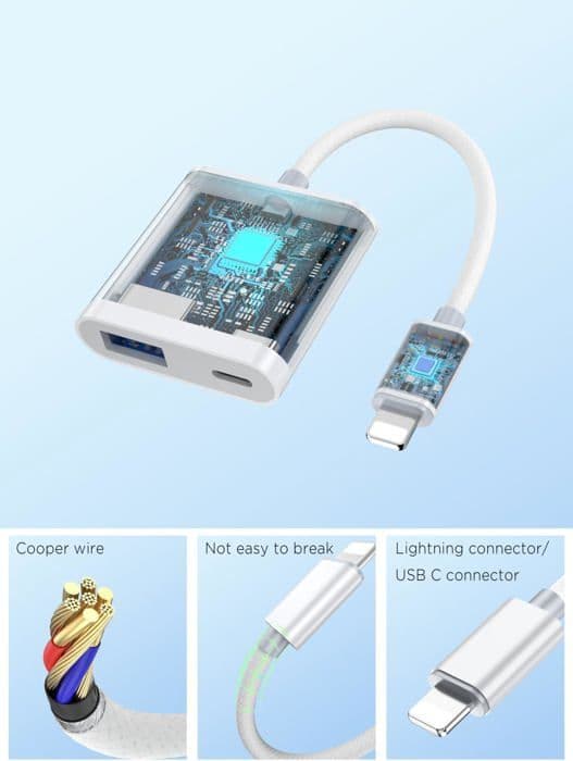 Lightning til USB OTG kameraadapter til iPhone/iPad, USB 3.0 han til USB hun-kabel, med opladningsport