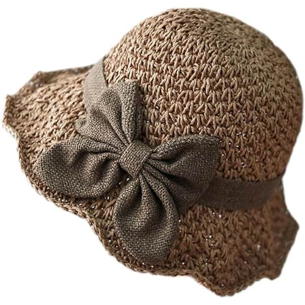 Kvinner Jenter Sløyfe Halm Floppy Hatter Anti-UV Solbeskyttelse Rull Opp Solhatter Fiske Reise Strandhatt Cap Topee Khaki