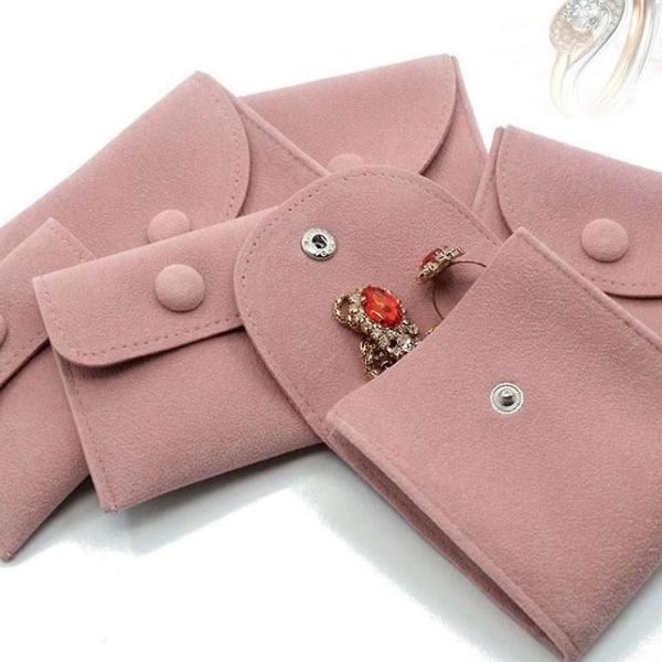 Liten smykkepose med trykknapp, 5 oppbevaringsposer i forskjellige størrelser rød Pink