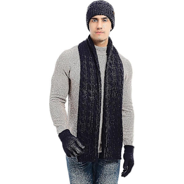 Hætte, Halsklæde og Handsker Sæt til Kvinder & Mænd 3 i 1 Vinter Beanie Hat Halsvarmer Touch Screen Handsker Strik Sæt,hw Navy Blue