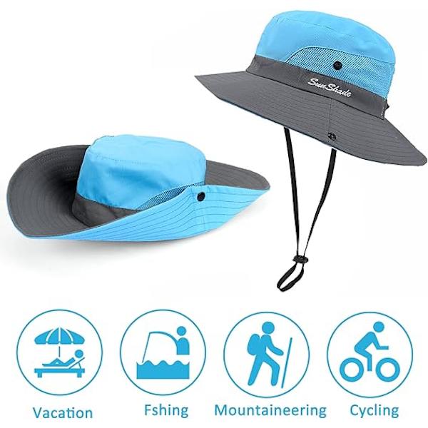 Dame Solhatte Bred Skygge UV Beskyttelse Mesh Foldbar Hestehale Spand Fiskeri Hat Strand Cap til Fiskeri Vandring Havearbejde Udendørs Blue