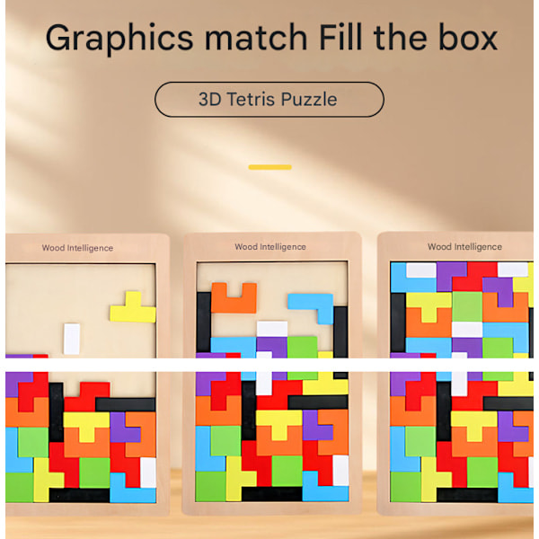 Tetris Pussel 3D Trä, Pusselspel med Färgglada Geometriska Block, Montessori Leksaker för Barn 3 4 5 År, Intelligens Hjärnpussel