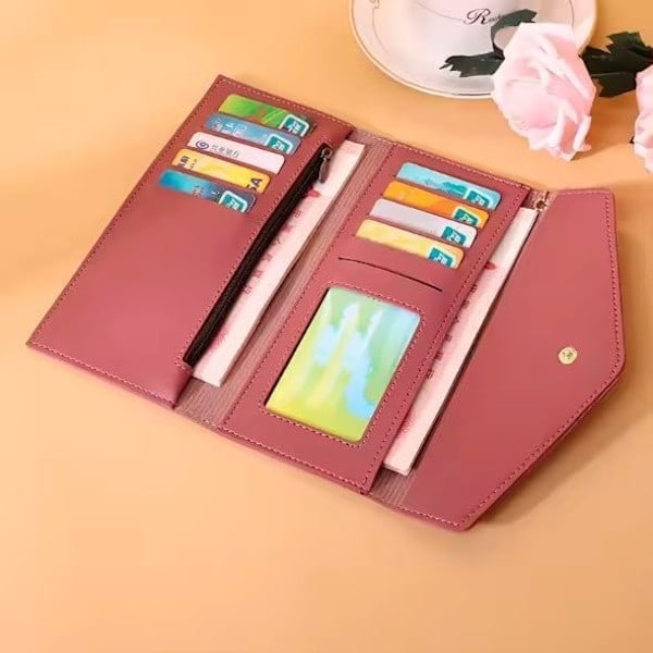 Damplånbok, Läder, Multi-kort, Liten plånbok med tofsar, Tredelad plånbok, Kortfodral, Myntväska Mörkrosa Lång Dark Pink Long