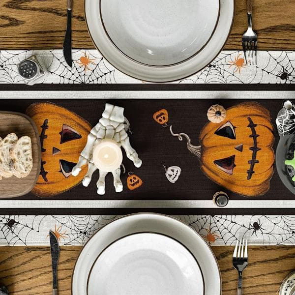 Bordløper med edderkoppnett og gresskar til Halloween, kjøkkendekorasjon til hjemmefest, 33 x 183 cm