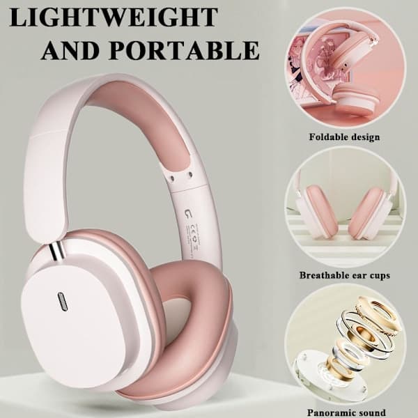 Rosa trådløse Bluetooth over-ear hodetelefoner, sammenleggbare + kablet modus, støyreduserende mikrofon