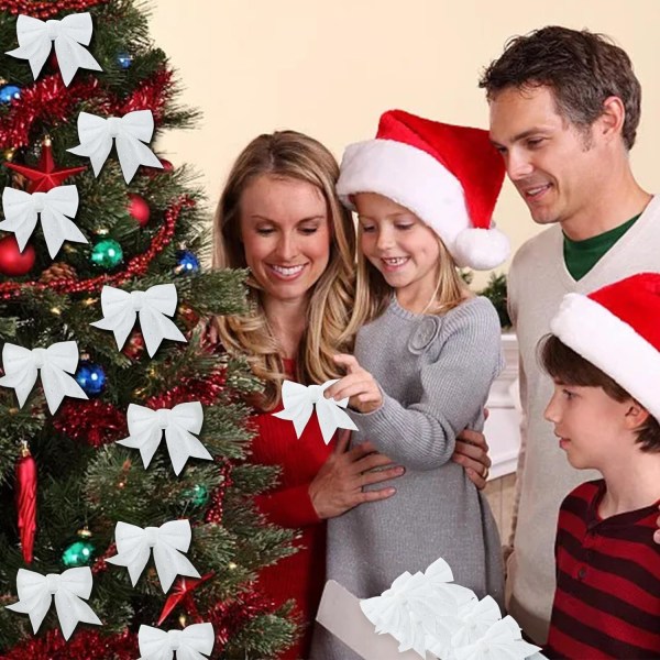 12 stk Glitter julesløjfer, sølv sløjfer til juletræ, kranse sløjfer julesløjfe dekorationer, pailletter sløjfer julesløjfer til jul, hvid
