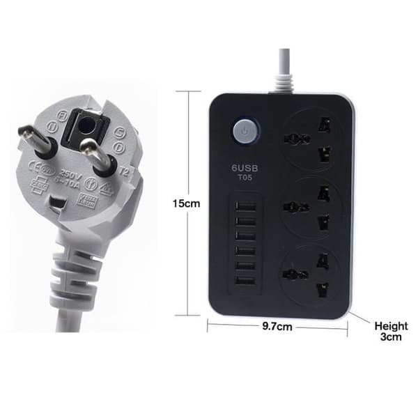 6 USB 3.1A Stasjonær Strømadapter, Svart, Rask Digital Lading, 2M