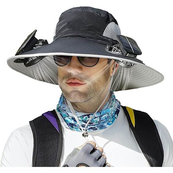Bredbrättad solhatt med solfläkt | Sommar UV-skydd solhatt med 2 solfläktar | Sol- och USB-laddning för fiskare Black