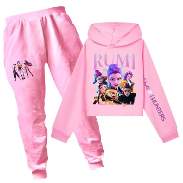 Kpop Demon Hunter Jenter Casual Sett: Trykket Crop Hettegenser & Bukser - Rosa Kpop Set all pink x 110cm