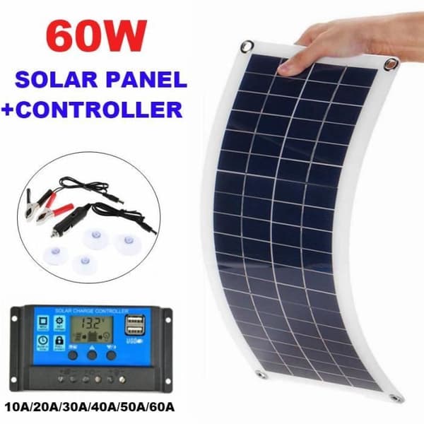 50A Solpanel med styrenhet, 60W 12V 5V utgång, USB-utgång, poly-solceller med styrenhet