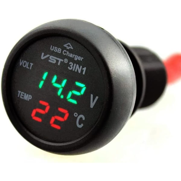 Bilvoltmeter 3 i 1 USB 5V 2A hurtiglading Digital bilvoltmeter termometeruttak for 12-24V bilbusslastebil Lading av mobiltelefon