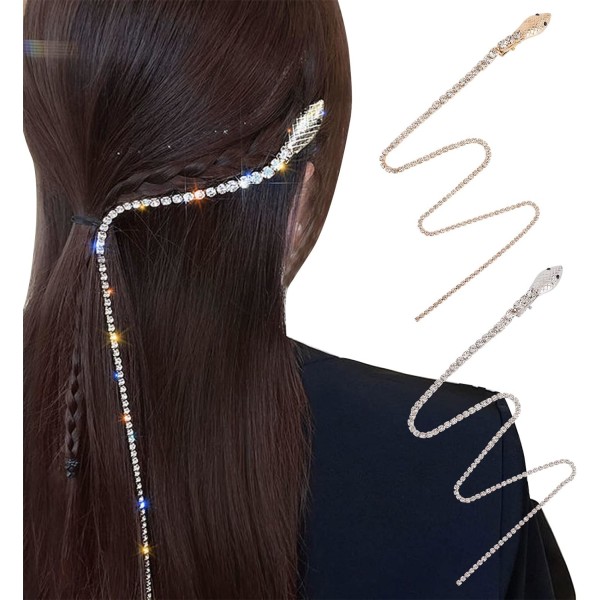 2st hel strass ormhårkedjor, punkkristall tofs-hårklämmor, långa strass dekorativa hårnålshuvudstycken för (silver, guld)
