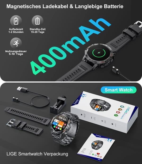 Smartklocka för män för Android och iOS med Bluetooth-samtal, svart stål, 400 mAh batteri