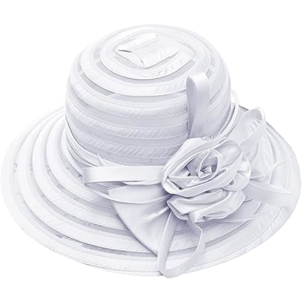 Kvinners Kentucky Derby Bowler Church Cloche Hat Organza Brudekjole Cap, Elegant Organza Solhatt med Blomst (Hvit)