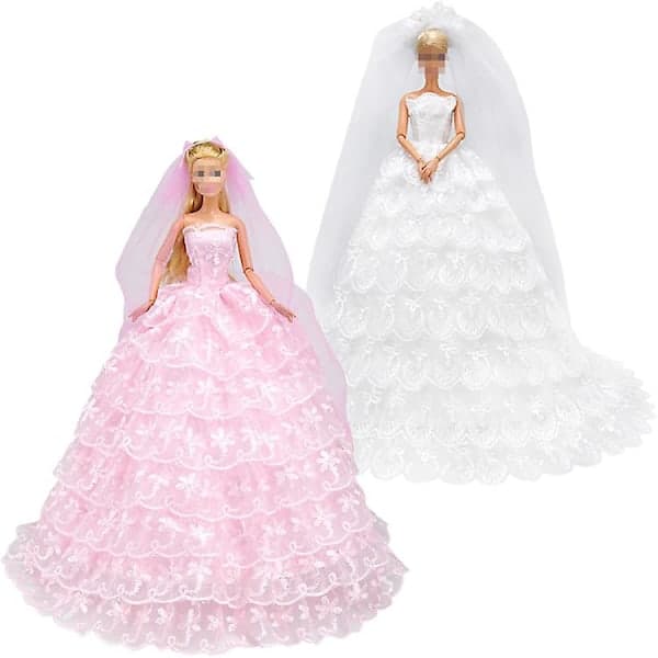 2 st 30 cm Barbie Kläder Dockor Lyx Mode Nio Lager Bröllopsklänning (Vit+Rosa)