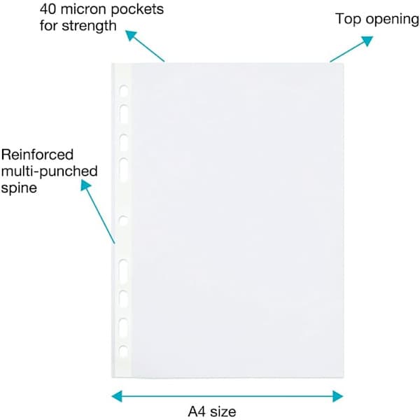 Lommer, transparente A4 plastiklommer, Forstærket ryg, Multihul til ringbind, 200-pak 200 stk.