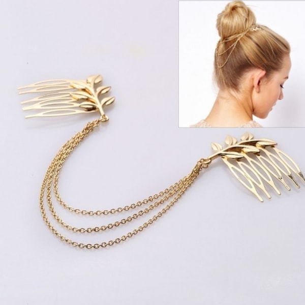2PCS Bohemian Style Gull Kam Blad Hårkjede for Kvinner