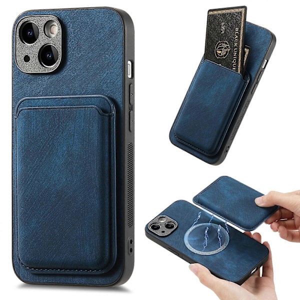 Retro Läder Kortficka Magnetiskt Mobilskal för iPhone 14 Blue