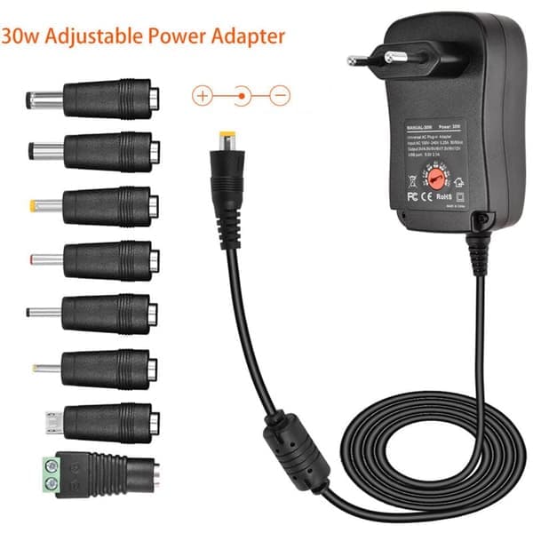 30W AC til DC-adapter Universal sektor 3V 4.5V 5V 6V 7.5V 9V 12V, multispenningsadapter med 8 DC-kontakter for hjemmeelektronikk