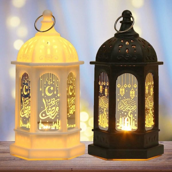 LED Eid Mubarak Lykta, Batteridriven Vintage Ramadan Dekoration (Svart + Vit)