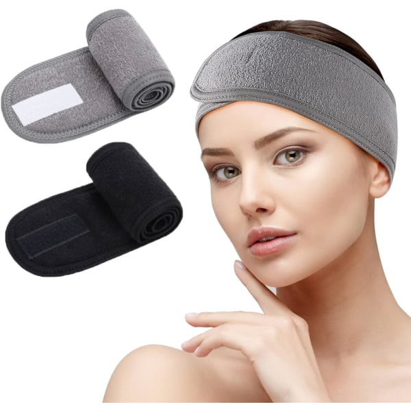 Kasvojen pääpanta - 2 kpl Meikki Wrap Head suihku Sport Terry Cloth Headband Säädettävä joustava pyyhe Magic Tape Black+Gray