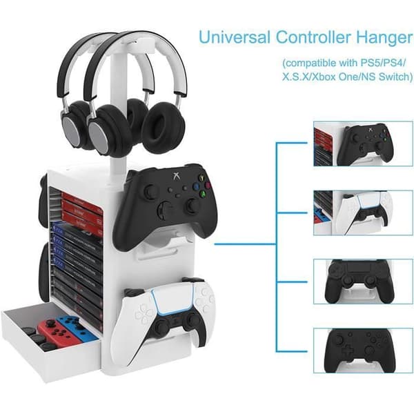 Multifunktionell speldisk-hållare för PS5/Nintendo Switch/PS4-spel och kontrollställ - Vit