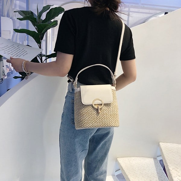 Dam Casual Straw Bucket Crossbody Väska Sommar Korg Axelväska Resväska VIT 20x10x21cm WHITE
