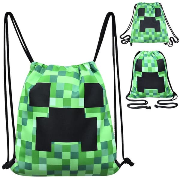 Grønn rutete Minecraft-gymbag – Lett og slitesterk oppbevaringspose for gutter og jenter, 35×31 cm