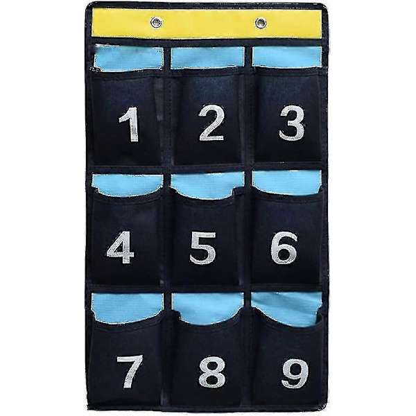 Numrerad fickdiagram för dörrhängning, klassrumsorganisatör för mobiltelefoner, miniräknare, hållare, blå 9 Pockets