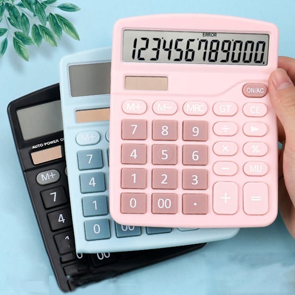 Bordregner Standardfunktionsregner med 12-cifret Stort LCD-display Solar & Batteri pink