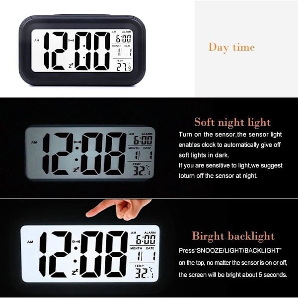 Uppgraderad digital väckarklocka, 4,3\" LED-display med temperatur, bärbar batteridriven väckarklocka för sängbord