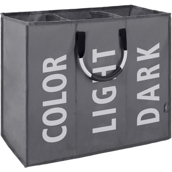 Stor sammenleggbar vasketøyskurvpose med 3 rom for soverom, stoff (mørkegrå)