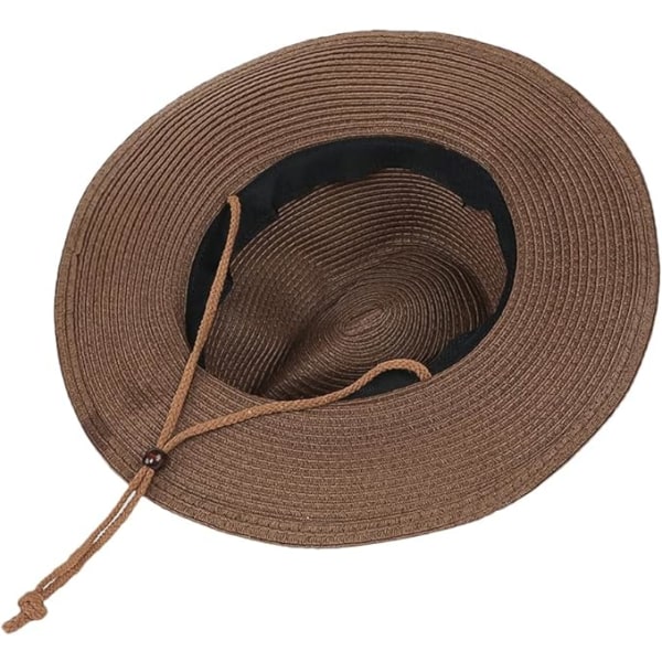 Unisex Solhatt av Halm Panamahatt Fedora Trilbyhatt Safari Strandhatt Sol UV-beskyttelsehatt med Justerbar Hakestropp for Menn Kvinner